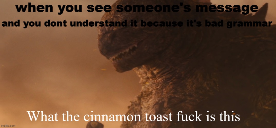 this be true | when you see someone's message; and you dont understand it because it's bad grammar | image tagged in what the cinnamon toast f ck is this godzilla | made w/ Imgflip meme maker