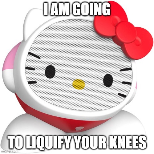 hello kitty speaker has a special message for you | I AM GOING; TO LIQUIFY YOUR KNEES | image tagged in this thing | made w/ Imgflip meme maker