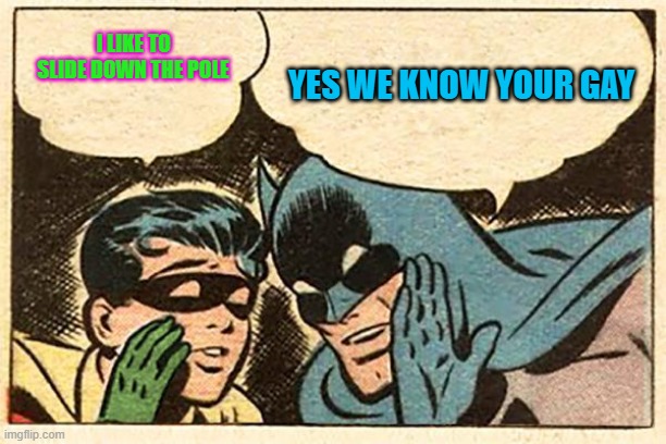 Gay Robin | I LIKE TO SLIDE DOWN THE POLE; YES WE KNOW YOUR GAY | image tagged in batman and robin,closeted gay,gay jokes,gay pride,i dunno man seems kinda gay to me | made w/ Imgflip meme maker