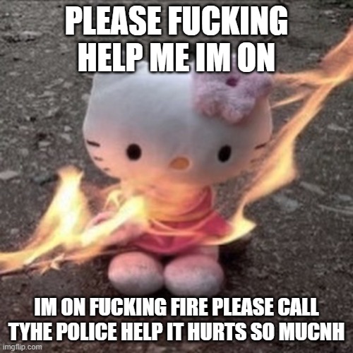 hello kitty is on f**king fire | PLEASE FUCKING HELP ME IM ON; IM ON FUCKING FIRE PLEASE CALL TYHE POLICE HELP IT HURTS SO MUCNH | image tagged in help me im on fucking fire aaaaahhhhh | made w/ Imgflip meme maker