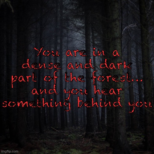 Fantasy/mild horror. Can be romance if you want. No op ocs, humanoids only | You are in a dense and dark part of the forest… and you hear something behind you | image tagged in dark forest | made w/ Imgflip meme maker