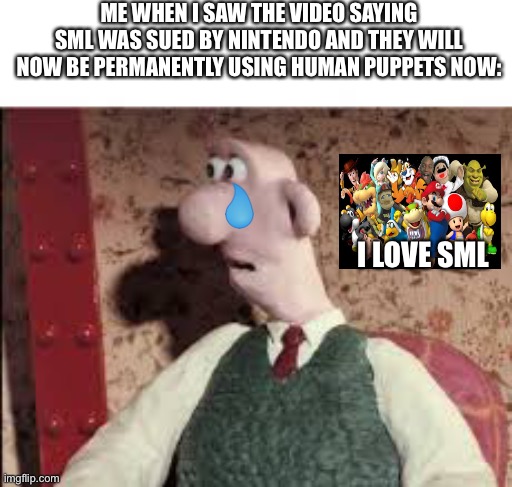 Surprised Wallace | ME WHEN I SAW THE VIDEO SAYING SML WAS SUED BY NINTENDO AND THEY WILL NOW BE PERMANENTLY USING HUMAN PUPPETS NOW:; I LOVE SML | image tagged in surprised wallace,sml | made w/ Imgflip meme maker