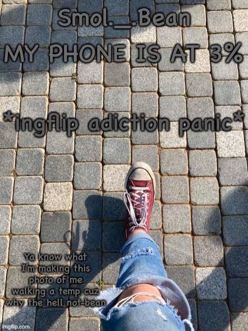 MY PHONE IS AT 3%; *ingflip adiction panic* | image tagged in beans foot temp | made w/ Imgflip meme maker