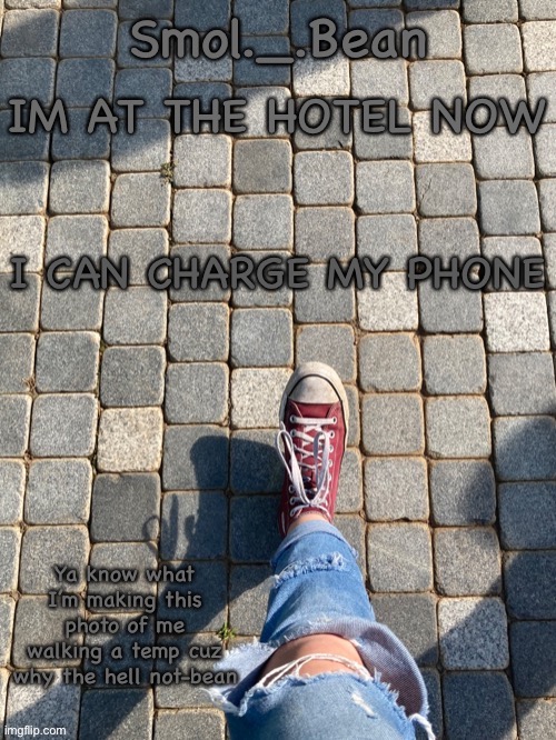 IM AT THE HOTEL NOW; I CAN CHARGE MY PHONE | image tagged in beans foot temp | made w/ Imgflip meme maker