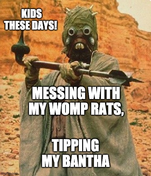 Tatooine needs a youth program . . . too many kids growing up to be Sith Lords | MESSING WITH MY WOMP RATS, KIDS THESE DAYS! TIPPING MY BANTHA | image tagged in star wars,kids,teenagers,get off my lawn | made w/ Imgflip meme maker