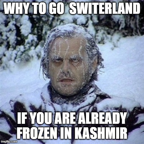 Frozen Guy | WHY TO GO  SWITERLAND; IF YOU ARE ALREADY FROZEN IN KASHMIR | image tagged in frozen guy | made w/ Imgflip meme maker