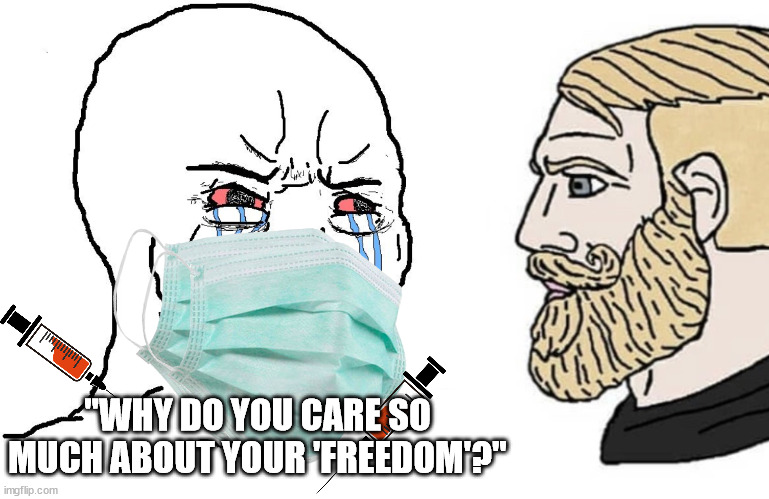 "WHY DO YOU CARE SO MUCH ABOUT YOUR 'FREEDOM'?" | image tagged in crying wojack,soyboy vs yes chad | made w/ Imgflip meme maker