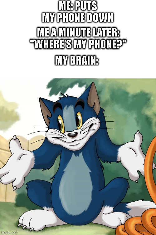 Where's my phone? | ME: PUTS MY PHONE DOWN; ME A MINUTE LATER: "WHERE'S MY PHONE?"; MY BRAIN: | image tagged in tom shrug hd,tom and jerry,relatable,my brain | made w/ Imgflip meme maker
