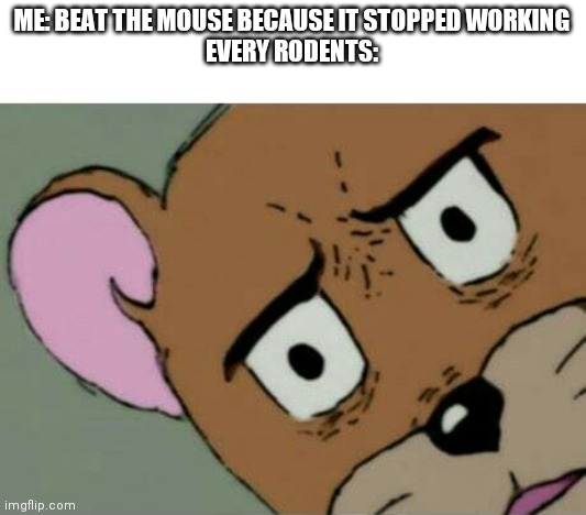 Unsettled Jerry | ME: BEAT THE MOUSE BECAUSE IT STOPPED WORKING
EVERY RODENTS: | image tagged in unsettled jerry | made w/ Imgflip meme maker
