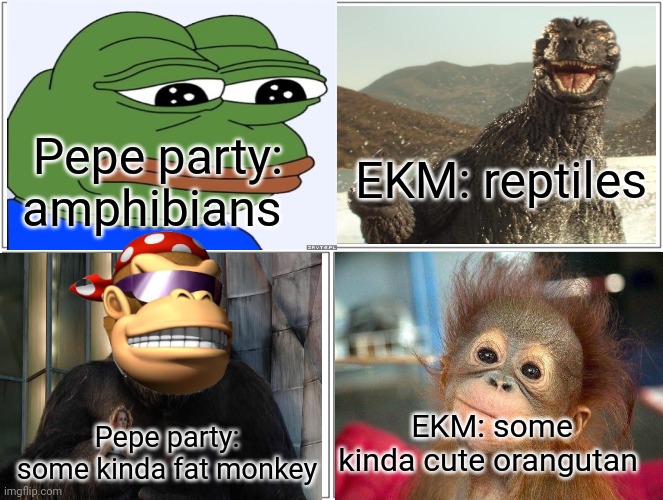 Libertarians & Liberals! | Pepe party: amphibians; EKM: reptiles; EKM: some kinda cute orangutan; Pepe party: some kinda fat monkey | image tagged in memes,blank comic panel 2x2,vote pepe party | made w/ Imgflip meme maker