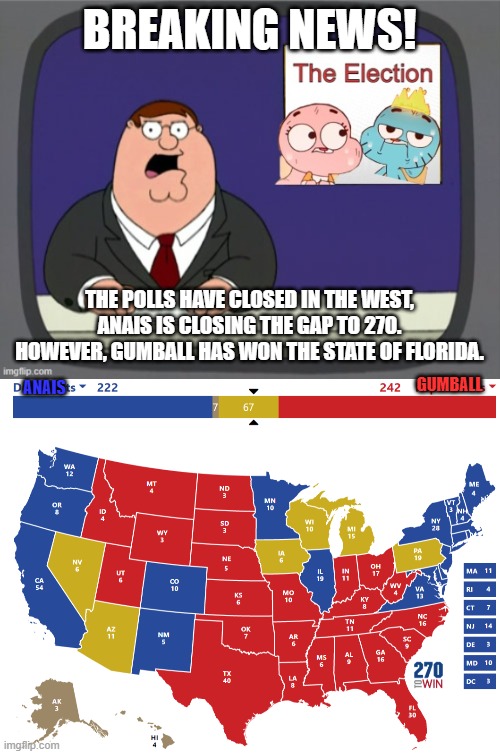 BREAKING NEWS! THE POLLS HAVE CLOSED IN THE WEST, ANAIS IS CLOSING THE GAP TO 270. HOWEVER, GUMBALL HAS WON THE STATE OF FLORIDA. GUMBALL; ANAIS | image tagged in the election august 2021 | made w/ Imgflip meme maker