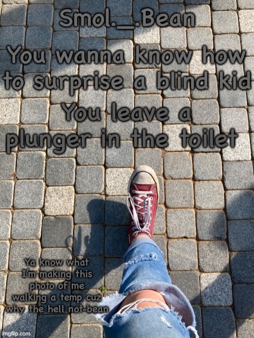 You wanna know how to surprise a blind kid; You leave a plunger in the toilet | image tagged in beans foot temp | made w/ Imgflip meme maker