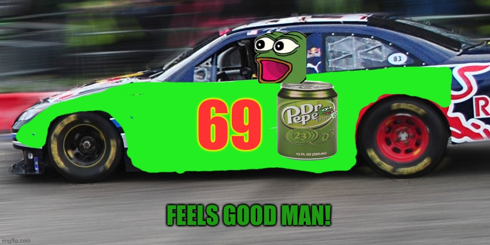 Pepe the frog tries out for nascar! | 69; FEELS GOOD MAN! | image tagged in race car doge,pepe the frog,nascar,racing,sports | made w/ Imgflip meme maker