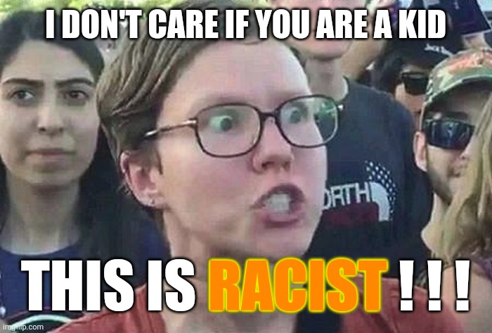 Triggered Liberal | I DON'T CARE IF YOU ARE A KID THIS IS RACIST ! ! ! RACIST | image tagged in triggered liberal | made w/ Imgflip meme maker