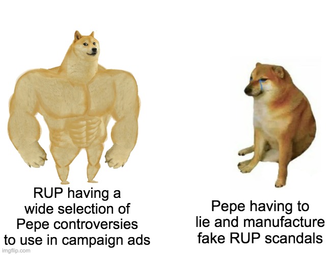 If Pepe Party targets us the most you know we must be the best option. Vote RUP! | RUP having a wide selection of Pepe controversies to use in campaign ads; Pepe having to lie and manufacture fake RUP scandals | image tagged in memes,buff doge vs cheems,politics,election,campaign | made w/ Imgflip meme maker