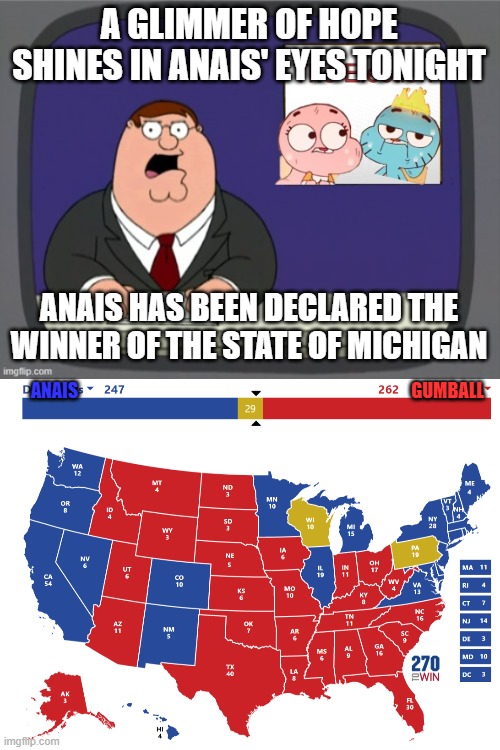 A GLIMMER OF HOPE SHINES IN ANAIS' EYES TONIGHT; ANAIS HAS BEEN DECLARED THE WINNER OF THE STATE OF MICHIGAN; GUMBALL; ANAIS | image tagged in the election august 2021 | made w/ Imgflip meme maker