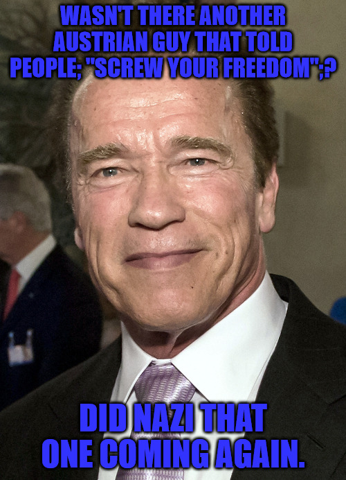 Screw Your Freedom | WASN'T THERE ANOTHER AUSTRIAN GUY THAT TOLD PEOPLE; "SCREW YOUR FREEDOM";? DID NAZI THAT ONE COMING AGAIN. | image tagged in old arnie | made w/ Imgflip meme maker
