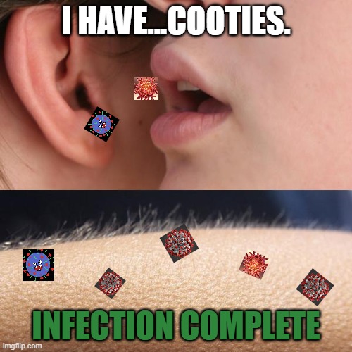 That's some important news there ma'm, now get out of my house. | I HAVE...COOTIES. INFECTION COMPLETE | image tagged in whisper and goosebumps,viral infection,the worst pickup line | made w/ Imgflip meme maker