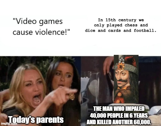 Video games cause violence | In 15th century we only played chess and dice and cards and football. THE MAN WHO IMPALED 40,000 PEOPLE IN 6 YEARS AND KILLED ANOTHER 60,000. Today's parents | image tagged in video games cause violence,history,vlad the impaler,parents,illogical | made w/ Imgflip meme maker