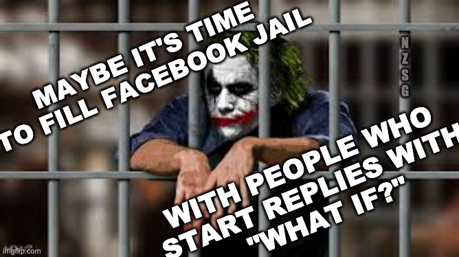 What if? |  N
Z
S
G; MAYBE IT'S TIME TO FILL FACEBOOK JAIL; WITH PEOPLE WHO 
START REPLIES WITH
 "WHAT IF?" | image tagged in facebook jail,what if | made w/ Imgflip meme maker