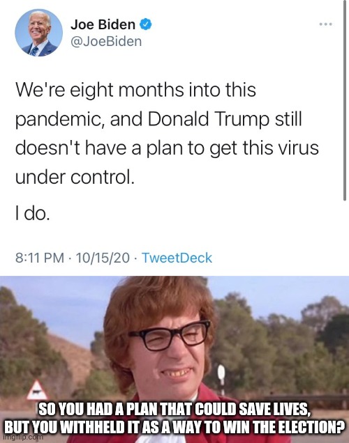 But of course there was no plan, just another of Biden's lies. | SO YOU HAD A PLAN THAT COULD SAVE LIVES, BUT YOU WITHHELD IT AS A WAY TO WIN THE ELECTION? | image tagged in austin powers dafuq,memes,politics,biden's lies,plandemic | made w/ Imgflip meme maker