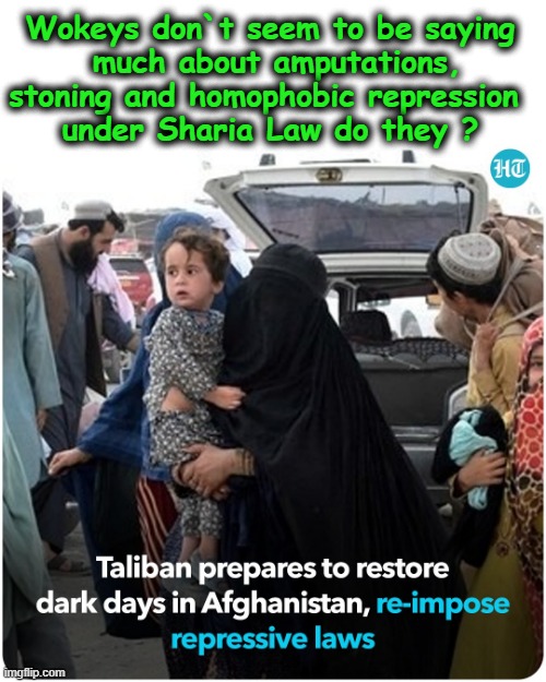 Wokeys Silent ! | Wokeys don`t seem to be saying
 much about amputations,
stoning and homophobic repression 
under Sharia Law do they ? | image tagged in taliban | made w/ Imgflip meme maker