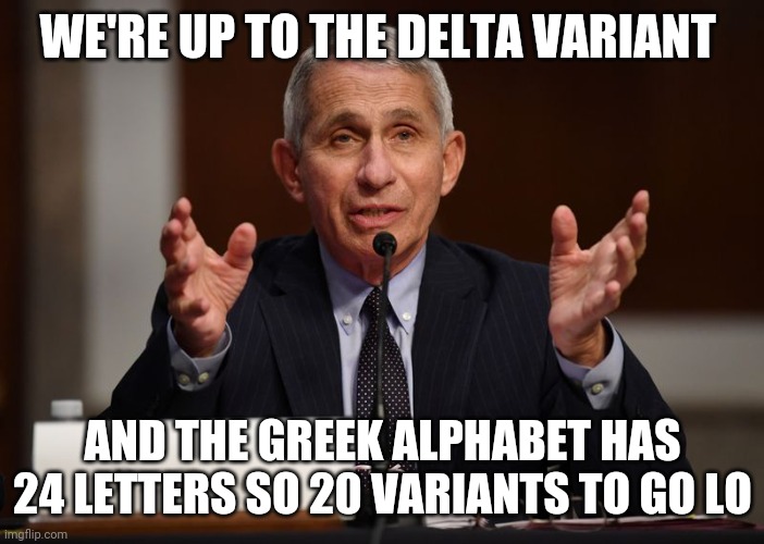 Fauci | WE'RE UP TO THE DELTA VARIANT; AND THE GREEK ALPHABET HAS 24 LETTERS SO 20 VARIANTS TO GO LO | image tagged in fauci | made w/ Imgflip meme maker