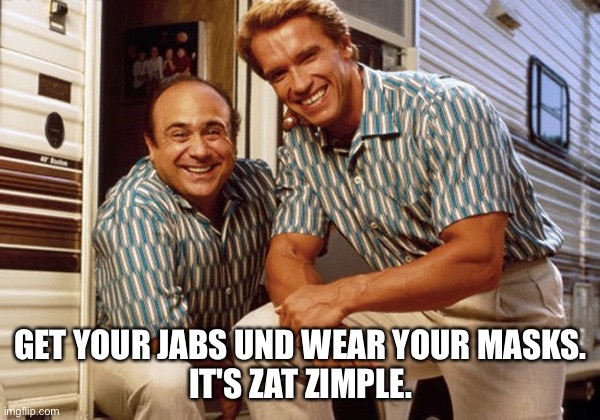 Arnold Schwarzenegger & Danny DeVito | GET YOUR JABS UND WEAR YOUR MASKS.
IT'S ZAT ZIMPLE. | image tagged in arnold schwarzenegger danny devito | made w/ Imgflip meme maker