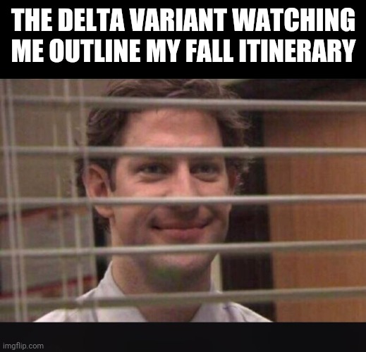 Not so fast | THE DELTA VARIANT WATCHING ME OUTLINE MY FALL ITINERARY | image tagged in office jim blinds | made w/ Imgflip meme maker