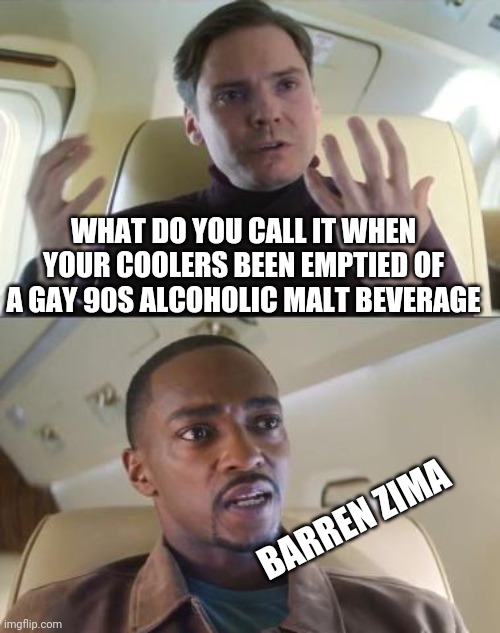 Falcon winter soldier Zima zemo pun | WHAT DO YOU CALL IT WHEN YOUR COOLERS BEEN EMPTIED OF A GAY 90S ALCOHOLIC MALT BEVERAGE; BARREN ZIMA | image tagged in out of line but he's right | made w/ Imgflip meme maker