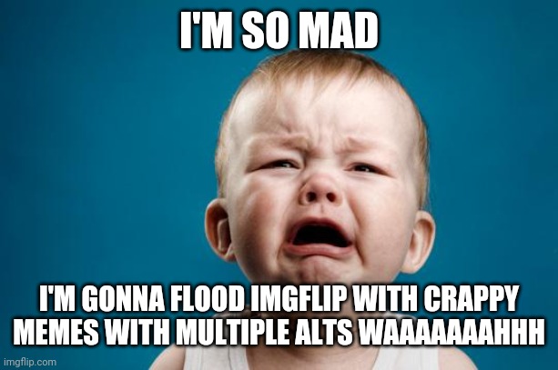 BABY CRYING | I'M SO MAD I'M GONNA FLOOD IMGFLIP WITH CRAPPY MEMES WITH MULTIPLE ALTS WAAAAAAAHHH | image tagged in baby crying | made w/ Imgflip meme maker