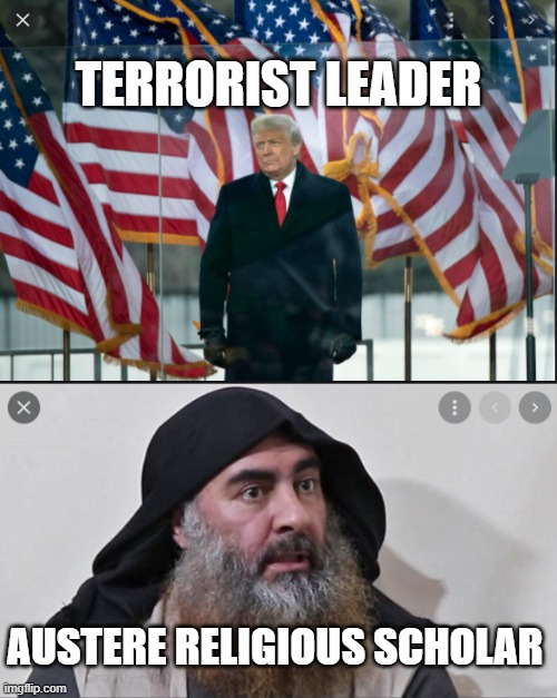 TERRORIST LEADER; AUSTERE RELIGIOUS SCHOLAR | image tagged in politics,political meme,mainstream media | made w/ Imgflip meme maker