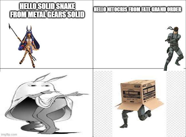 the ultimate stealth technique in video games | HELLO SOLID SNAKE FROM METAL GEARS SOLID; HELLO NITOCRIS FROM FATE GRAND ORDER | image tagged in 4 panel comic,fate/grand order,metal gear solid,metal gear,anime | made w/ Imgflip meme maker