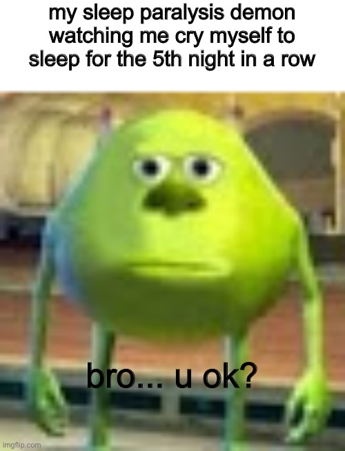 Even he concerned | my sleep paralysis demon watching me cry myself to sleep for the 5th night in a row; bro... u ok? | image tagged in sully wazowski | made w/ Imgflip meme maker