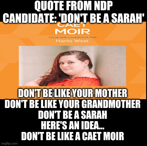 NDP Candidate insulting families |  QUOTE FROM NDP CANDIDATE: 'DON'T BE A SARAH'; DON'T BE LIKE YOUR MOTHER
DON'T BE LIKE YOUR GRANDMOTHER
DON'T BE A SARAH
HERE'S AN IDEA...
DON'T BE LIKE A CAET MOIR | image tagged in ndp,nova scotia,hants,caet moir,division | made w/ Imgflip meme maker