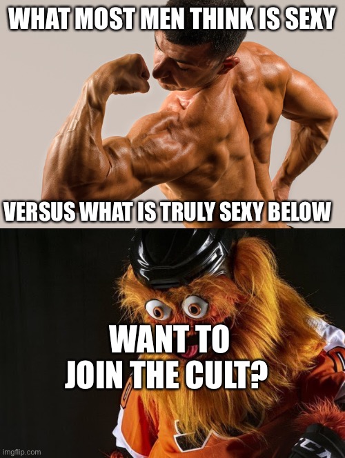 WHAT MOST MEN THINK IS SEXY; VERSUS WHAT IS TRULY SEXY BELOW; WANT TO JOIN THE CULT? | image tagged in flexing muscles,gritty philly | made w/ Imgflip meme maker