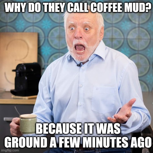 IS THAT WHY IT'S BROWN? | WHY DO THEY CALL COFFEE MUD? BECAUSE IT WAS GROUND A FEW MINUTES AGO | image tagged in coffee,hide the pain harold,eyeroll,dad joke | made w/ Imgflip meme maker