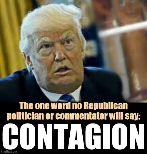Dismissing contagion is not terribly smart, as a lot of anti-mask, anti-vax patients in intensive care will tell you. | The one word no Republican politician or commentator will say:; CONTAGION | image tagged in trump dilated loser,pandemic,covid-19,laws | made w/ Imgflip meme maker