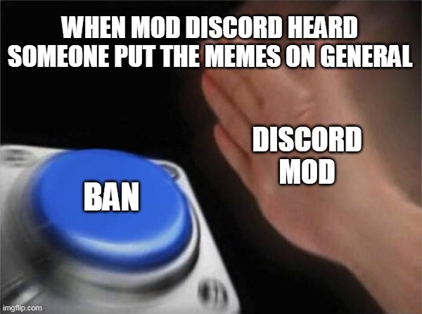 Blank Nut Button Meme | WHEN MOD DISCORD HEARD SOMEONE PUT THE MEMES ON GENERAL; DISCORD MOD; BAN | image tagged in memes,blank nut button | made w/ Imgflip meme maker