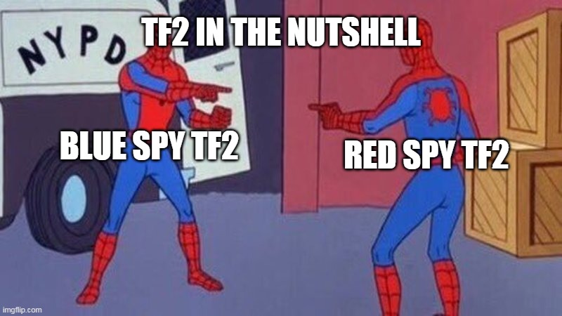 spiderman pointing at spiderman | TF2 IN THE NUTSHELL; BLUE SPY TF2; RED SPY TF2 | image tagged in spiderman pointing at spiderman | made w/ Imgflip meme maker