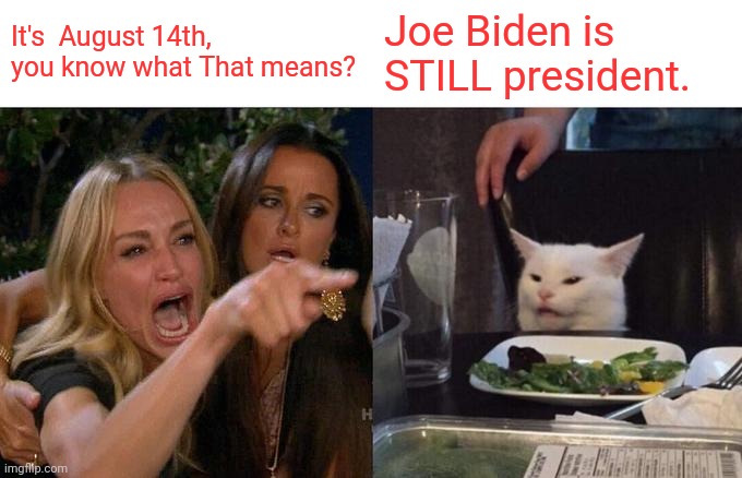 Woman Yelling At Cat | It's  August 14th, you know what That means? Joe Biden is STILL president. | image tagged in memes,woman yelling at cat | made w/ Imgflip meme maker