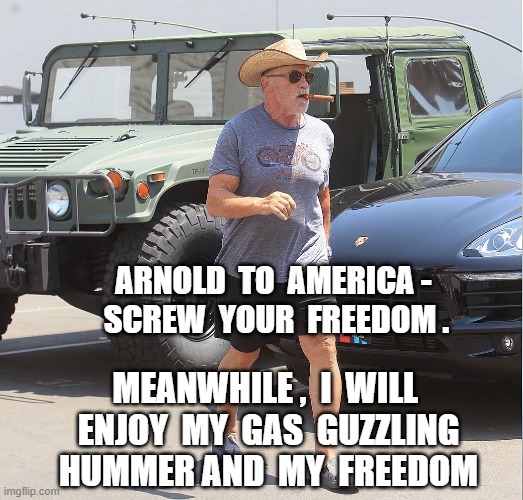 We're All Free | ARNOLD  TO  AMERICA - 
SCREW  YOUR  FREEDOM . MEANWHILE ,  I  WILL  ENJOY  MY  GAS  GUZZLING  HUMMER AND  MY  FREEDOM | image tagged in arnold schwarzenegger,biden,fauci,mask,vaccine,covid-19 | made w/ Imgflip meme maker