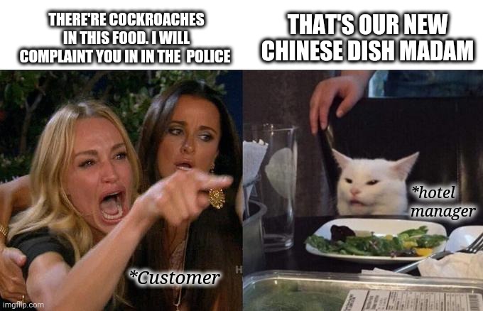 Hotel food | THERE'RE COCKROACHES IN THIS FOOD. I WILL COMPLAINT YOU IN IN THE  POLICE; THAT'S OUR NEW CHINESE DISH MADAM; *hotel manager; *Customer | image tagged in memes,woman yelling at cat | made w/ Imgflip meme maker