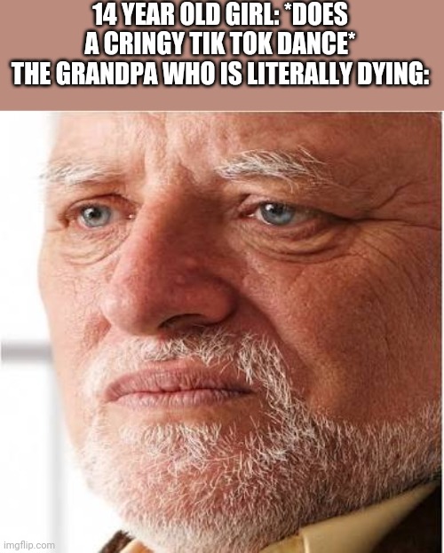 Harold sad | 14 YEAR OLD GIRL: *DOES A CRINGY TIK TOK DANCE*
THE GRANDPA WHO IS LITERALLY DYING: | image tagged in harold sad | made w/ Imgflip meme maker
