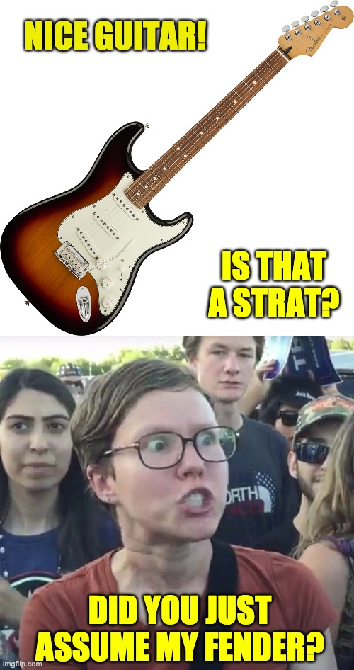 strat | NICE GUITAR! IS THAT A STRAT? DID YOU JUST ASSUME MY FENDER? | image tagged in triggered feminist | made w/ Imgflip meme maker