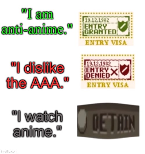 A guide for all AAA border inspectors. Glory to the AAA! | "I am anti-anime."; "I dislike the AAA."; "I watch anime." | image tagged in papers please | made w/ Imgflip meme maker