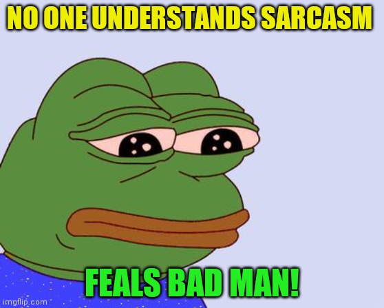 Pepe the Frog | NO ONE UNDERSTANDS SARCASM FEALS BAD MAN! | image tagged in pepe the frog | made w/ Imgflip meme maker