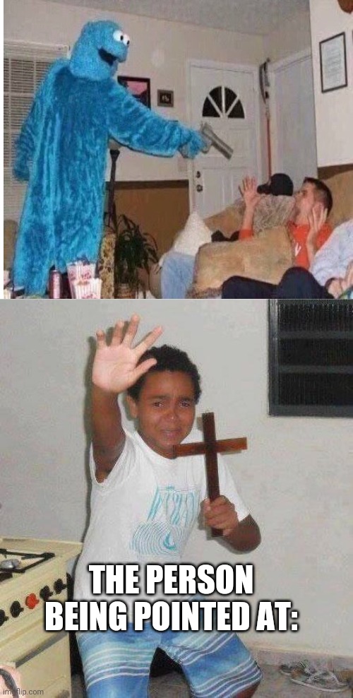 Well F*** | THE PERSON BEING POINTED AT: | image tagged in kid with cross | made w/ Imgflip meme maker