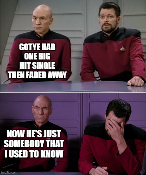 Picard Riker listening to a pun | GOTYE HAD ONE BIG HIT SINGLE THEN FADED AWAY; NOW HE'S JUST SOMEBODY THAT I USED TO KNOW | image tagged in picard riker listening to a pun | made w/ Imgflip meme maker