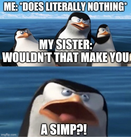 She literally does this | ME: *DOES LITERALLY NOTHING*; MY SISTER:
WOULDN'T THAT MAKE YOU; A SIMP?! | image tagged in wouldn't that make you | made w/ Imgflip meme maker